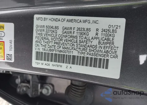 2021 Acura Tlx A-Spec Package из США, поврежденный, VIN 19UUB6F51MA007011